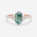 Long Hexagon cut Moss Agate Matching Mossanite | Diamonds Gold Engagement Ring (Copy)