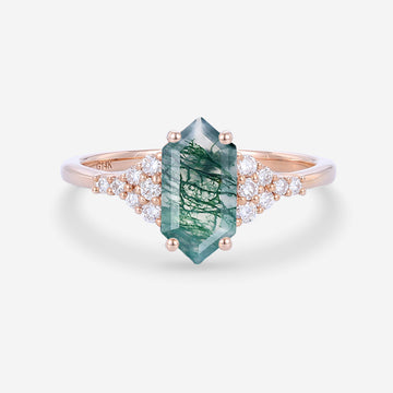 Long Hexagon cut Moss Agate Matching Mossanite | Diamonds Gold Engagement Ring (Copy)