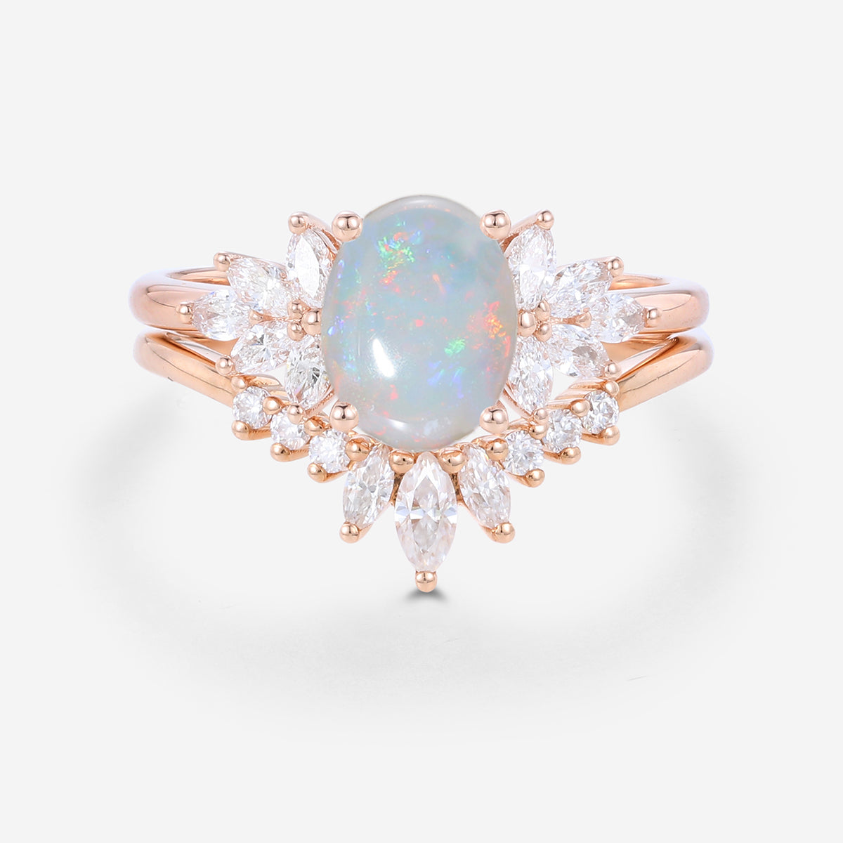 1.0Carat Oval Opal Cluster Engagement Bridal Set