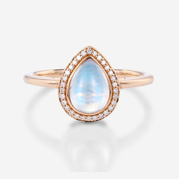 Bezel setting Pear cut Moonstone Halo Moissantie| Diamonds Gold Engagement Ring