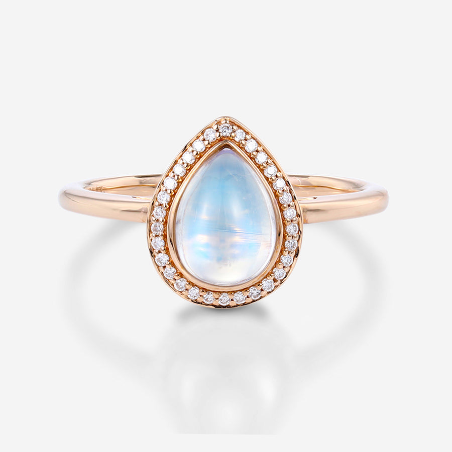 Bezel setting Pear cut Moonstone Halo Moissanite| Diamonds Gold Engagement Ring