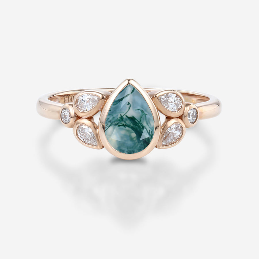Bezel setting Pear cut Moss Agate Gold Engagement Ring