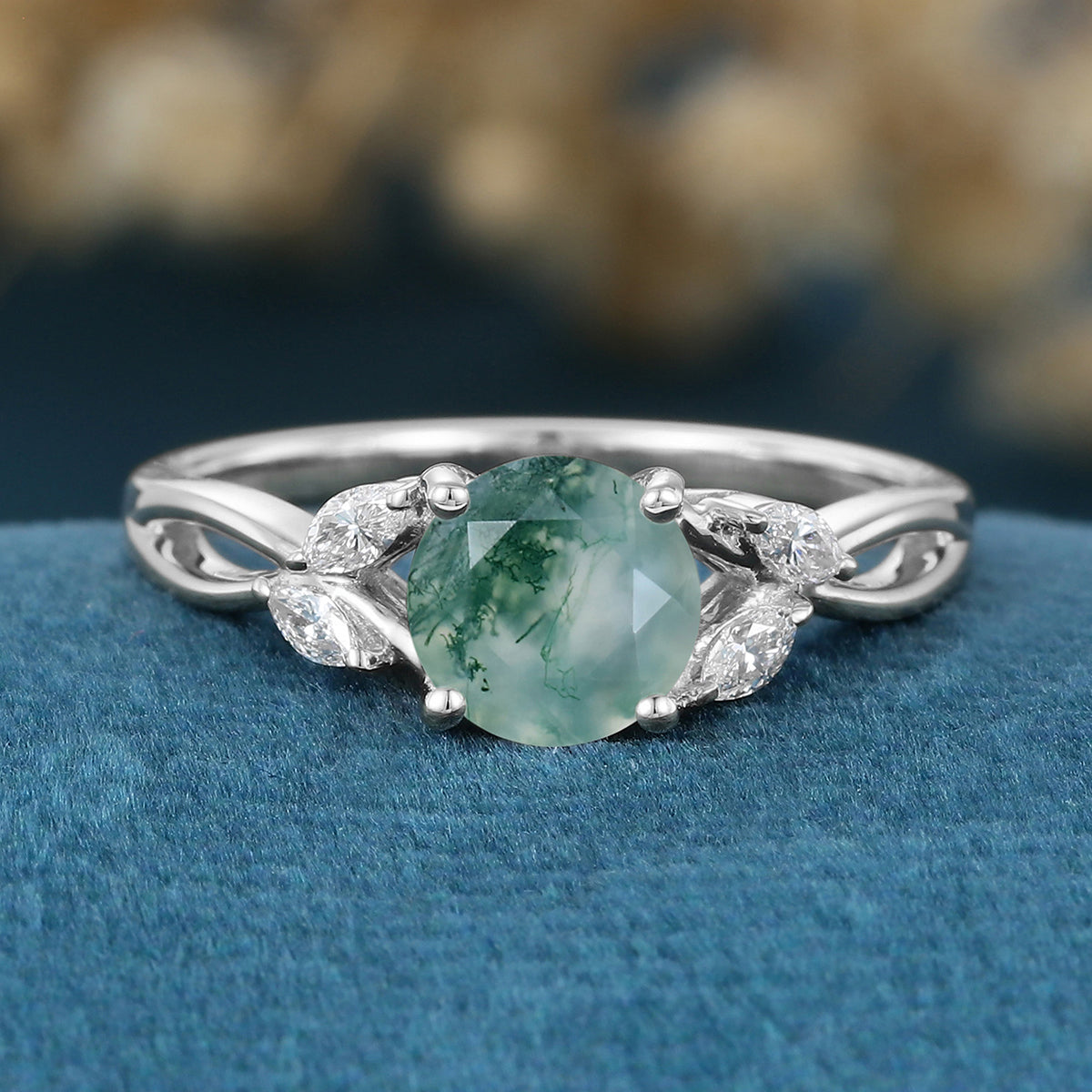 Round cut Moss Agate Matching Mossanite | Diamonds Gold Engagement Ring