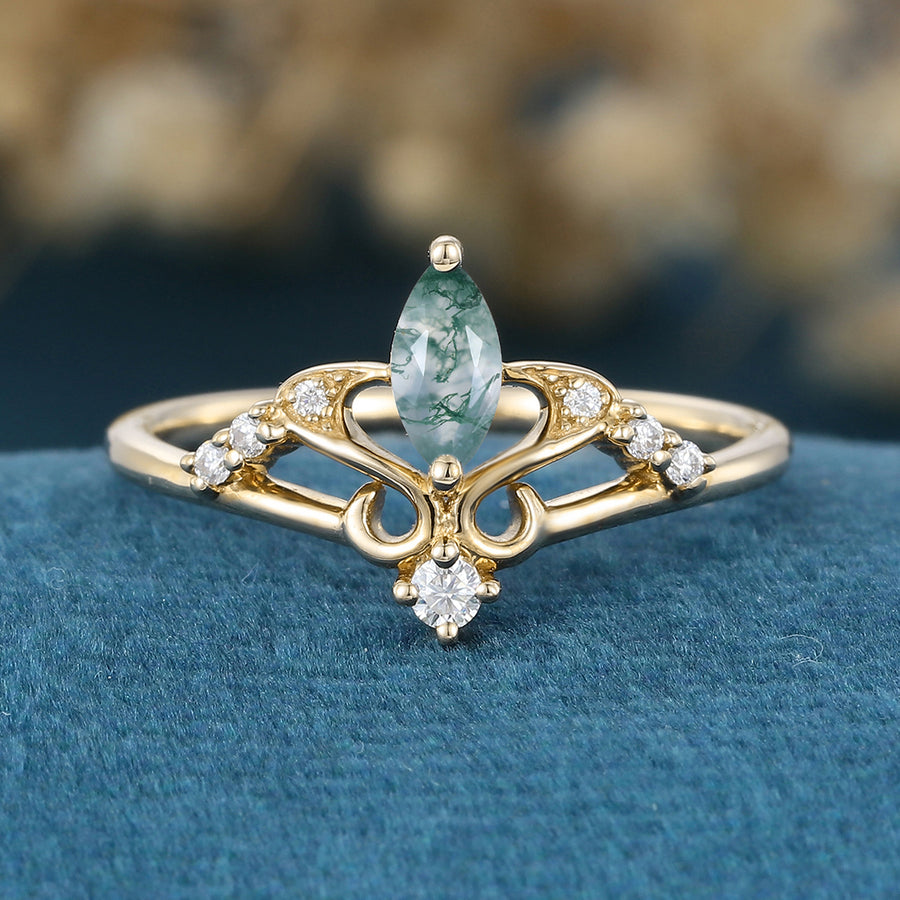 Cushion cut Moss Agate Matching Mossanite | Diamonds Gold Engagement Ring (Copy)