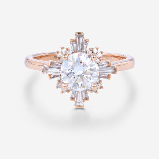 Round cut Moissanite Halo Baguette Engagement Ring