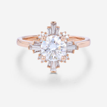 Round cut Moissanite Halo Baguette Engagement Ring