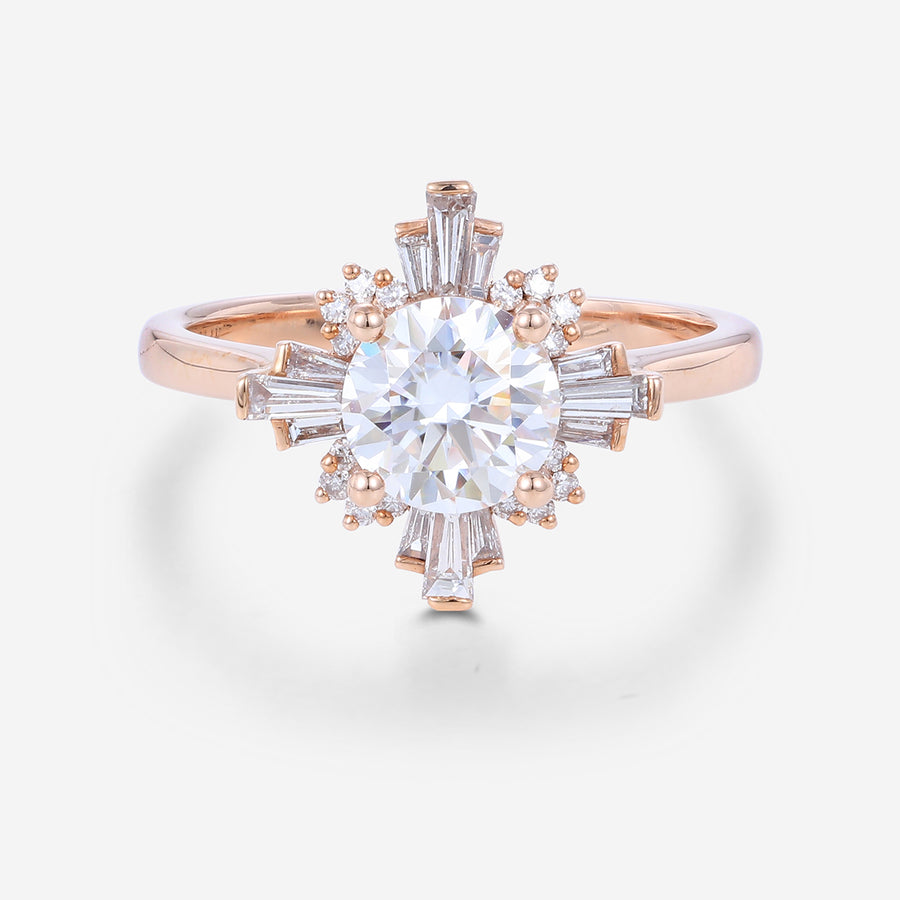 Round cut Moissanite Halo Baguette Engagement Ring