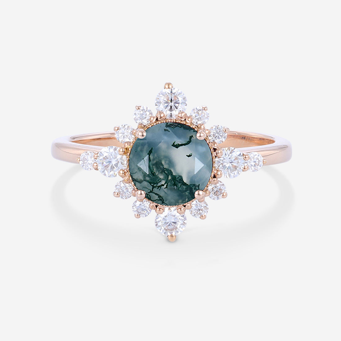 Round cut Moss Agate Halo Mossanite | Diamonds Gold Engagement Ring