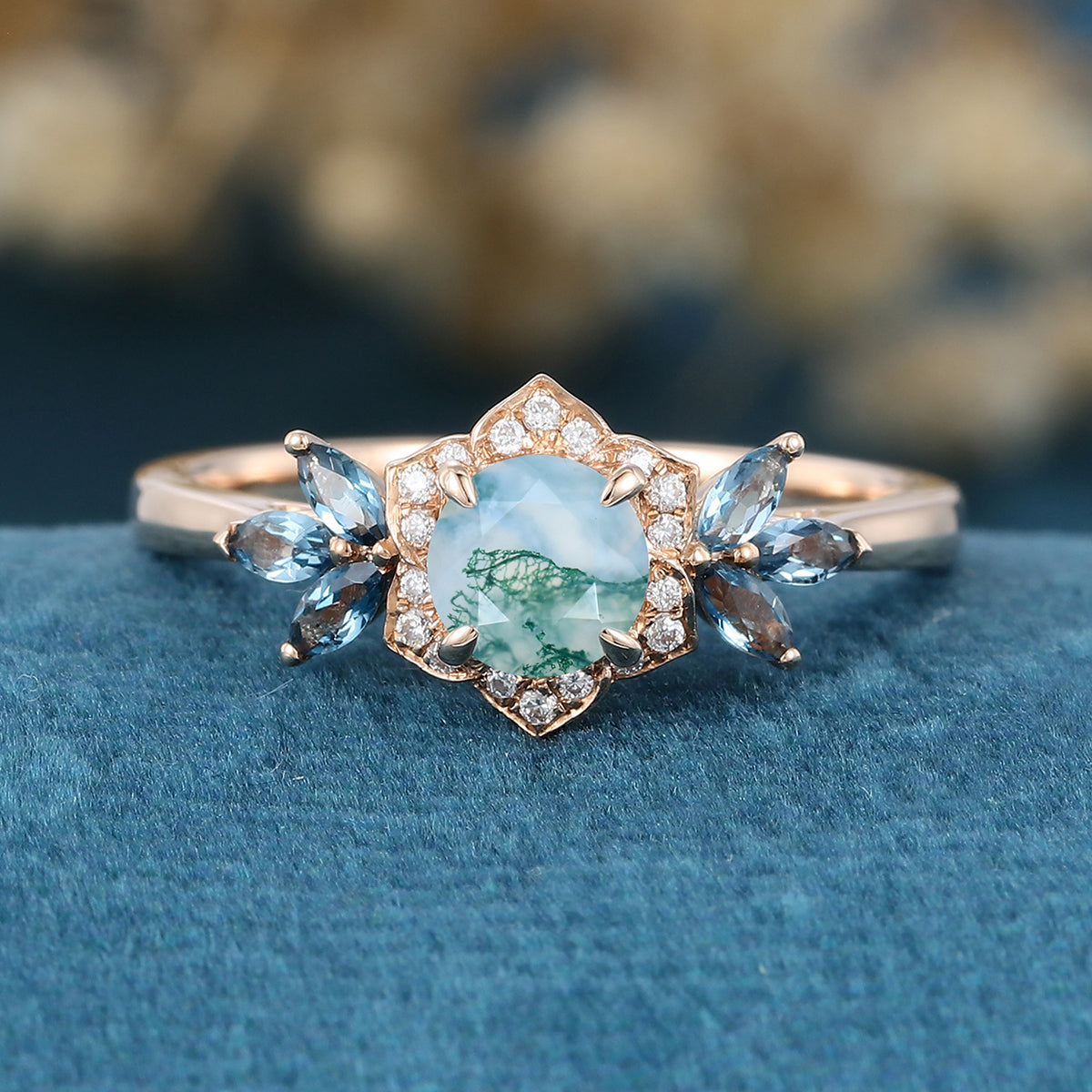 Round cut Moss Agate Matching London blue Topaz | Diamonds Gold Engagement Ring