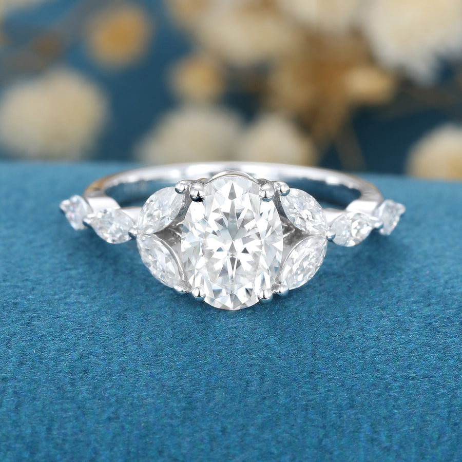 Oval cut White sapphire Cluster Engagement ring
