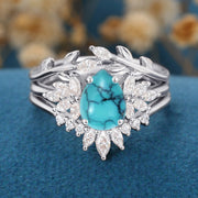 3PCS Pear Cut Turquoise Cluster Engagement ring Set Bridal Set