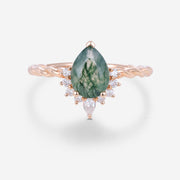 Pear Cut Natural Green Moss Agate Cluster Engagement Ring