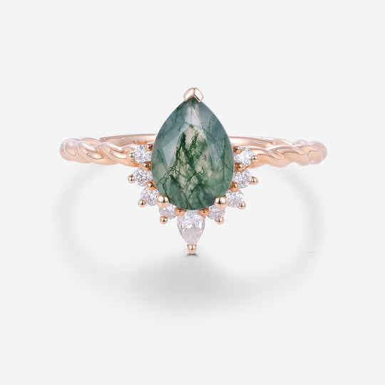 Pear Cut Natural Green Moss Agate Cluster Engagement Ring