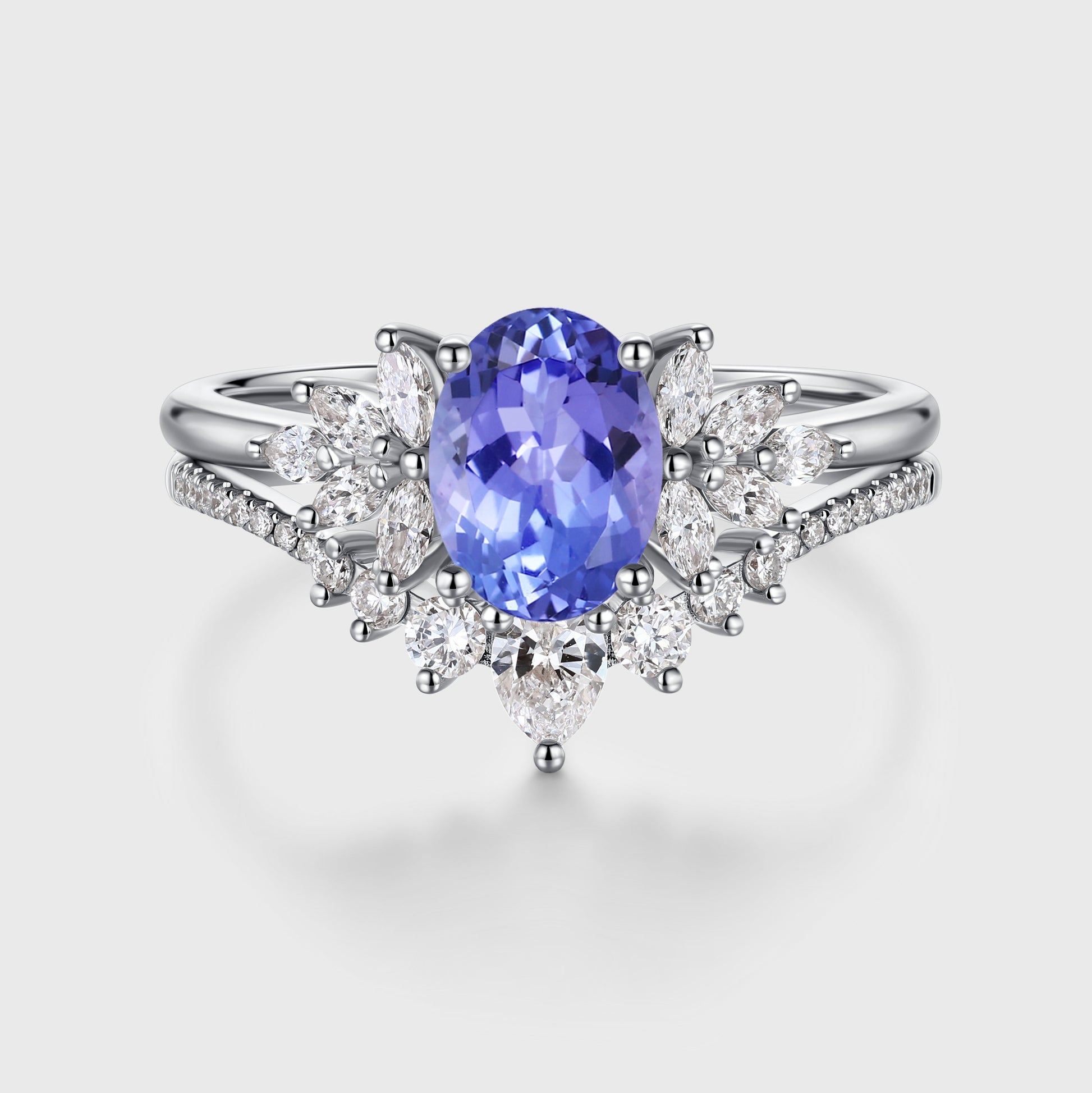 1.5Carat Oval cut Tanzanite Cluster Engagement ring Bridal Set