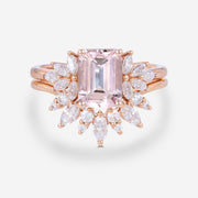 Emerald cut Morganite Cluster Engagement ring Bridal Set