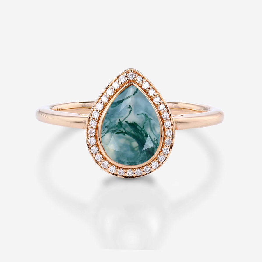 Bezel setting Pear cut Moss Agate Halo Moissanite| Diamonds Gold Engagement Ring
