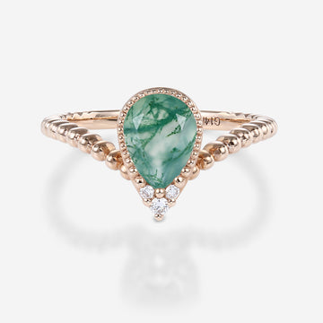 Bezel setting Marquise cut Moss Agate Gold Engagement Ring