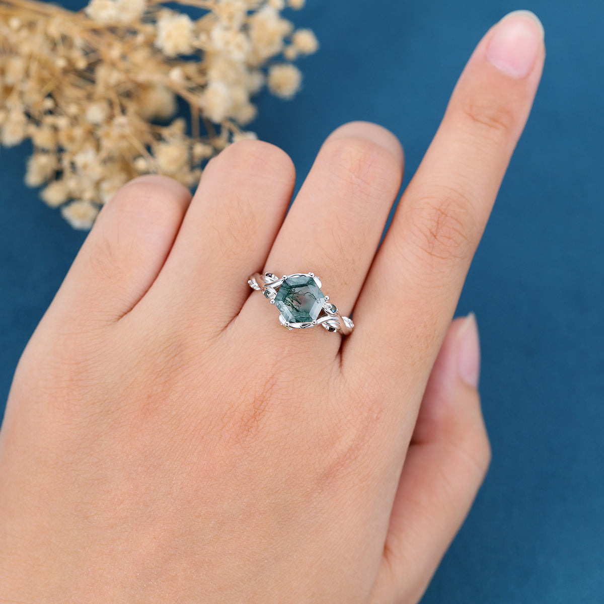 Inspired Hexagon Cut Natural Green Moss Agate  Engagement Ring