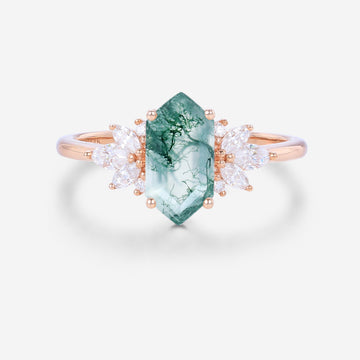 Long Hexagon Cut Natural Green Moss Agate Cluster Engagement Ring