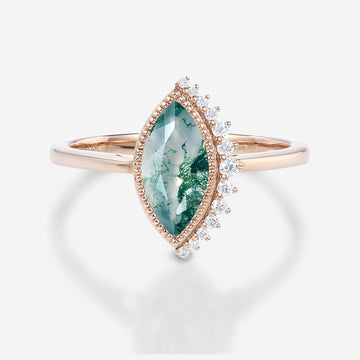 Bezel setting Marquise cut Moss Agate Gold Engagement Ring