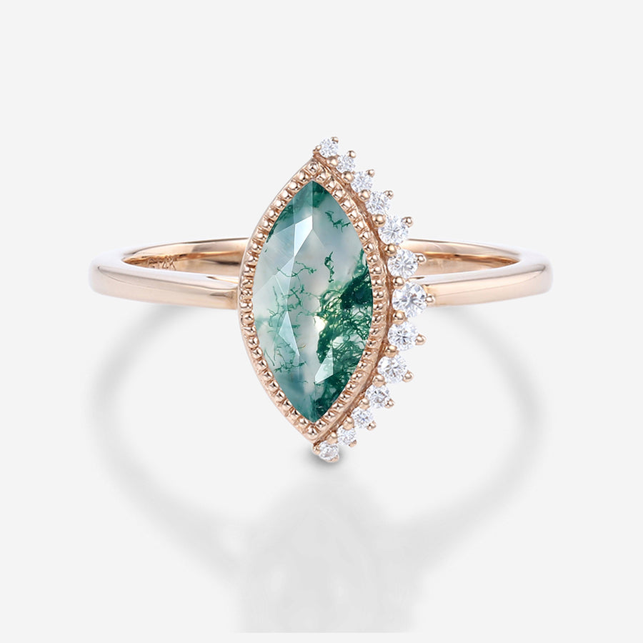 Bezel setting Marquise cut Moss Agate Gold Engagement Ring
