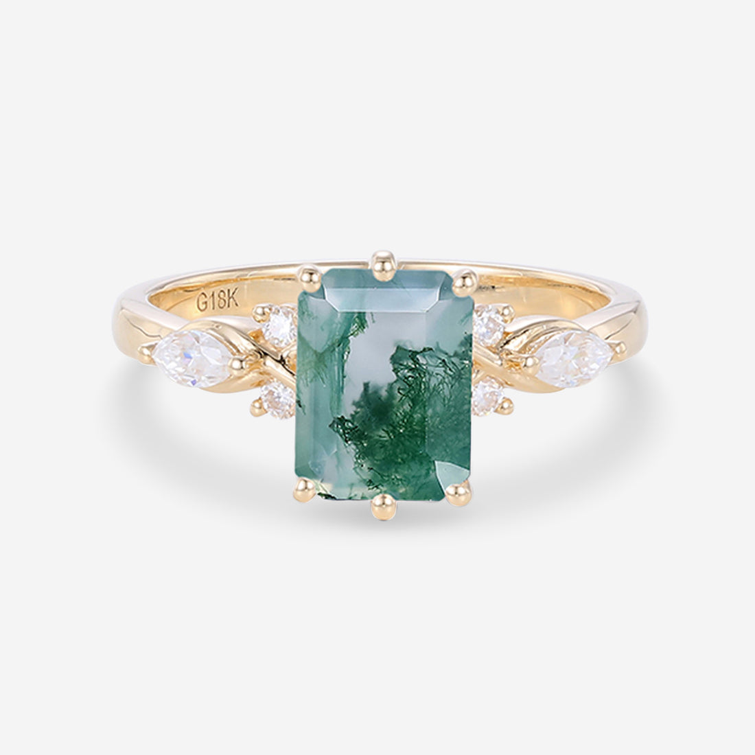 Emerald cut Moss Agate Matching Mossanite | Diamonds Gold Engagement Ring