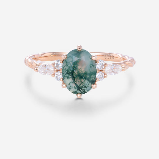 Natural Green Moss Agate Oval cut cluster Engagement Ring