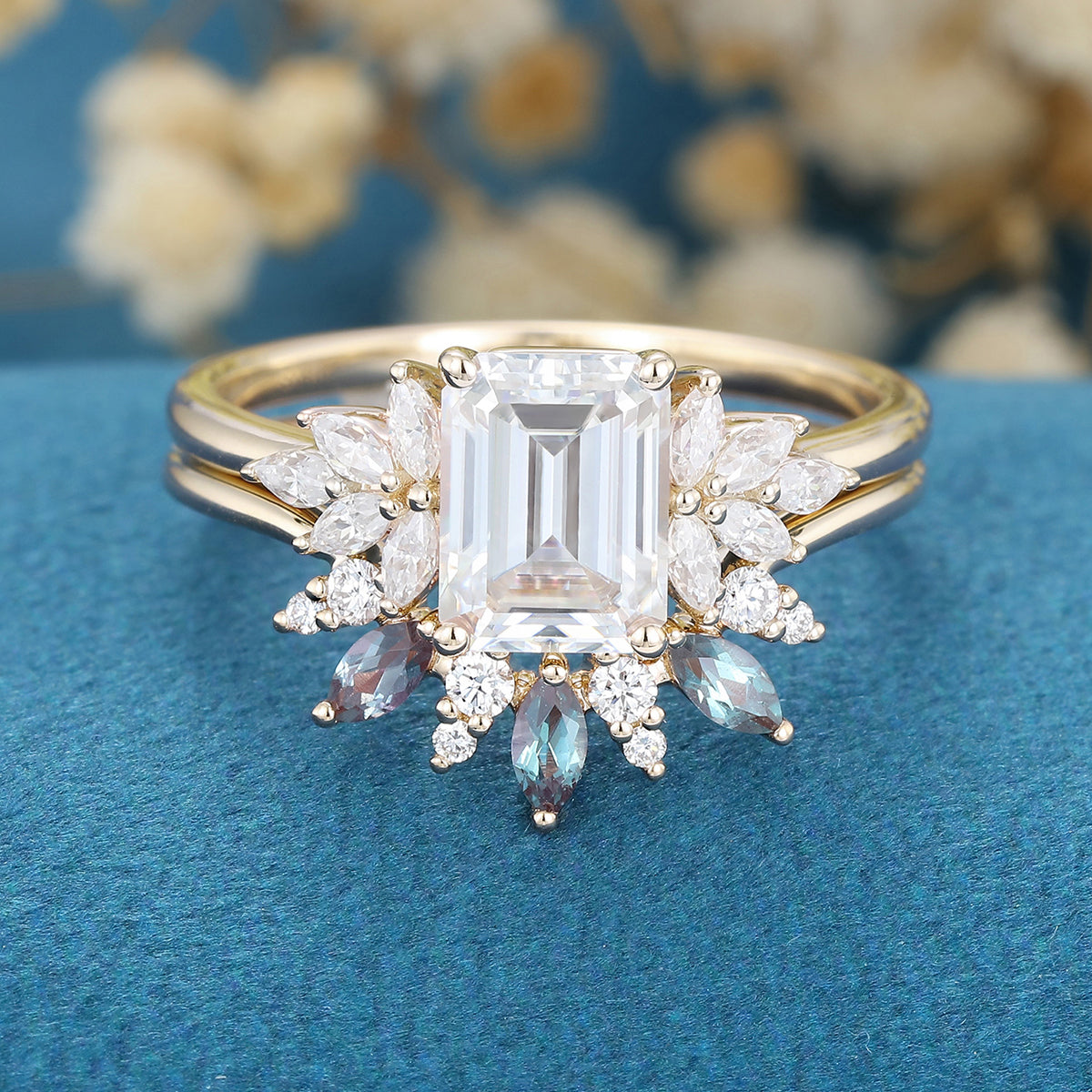 Emerald cut Moissanite Engagement Ring Alexandrite Bridal Set