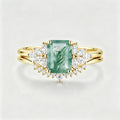 Natural Green Moss Agate 2PCS Emerald cut Cluster Engagement ring Bridal Sets
