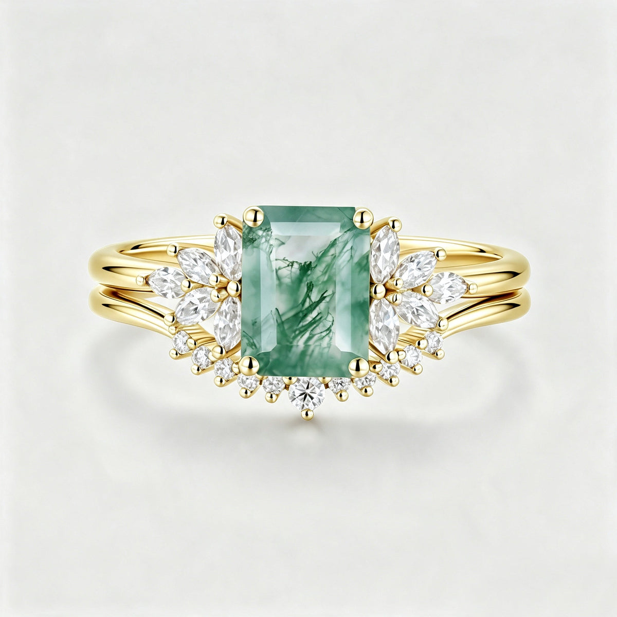 Natural Green Moss Agate 2PCS Emerald cut Cluster Engagement ring Bridal Sets