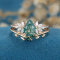 Nature Inspired Pear cut Moss Agate Leaf Gold Wedding bridal set