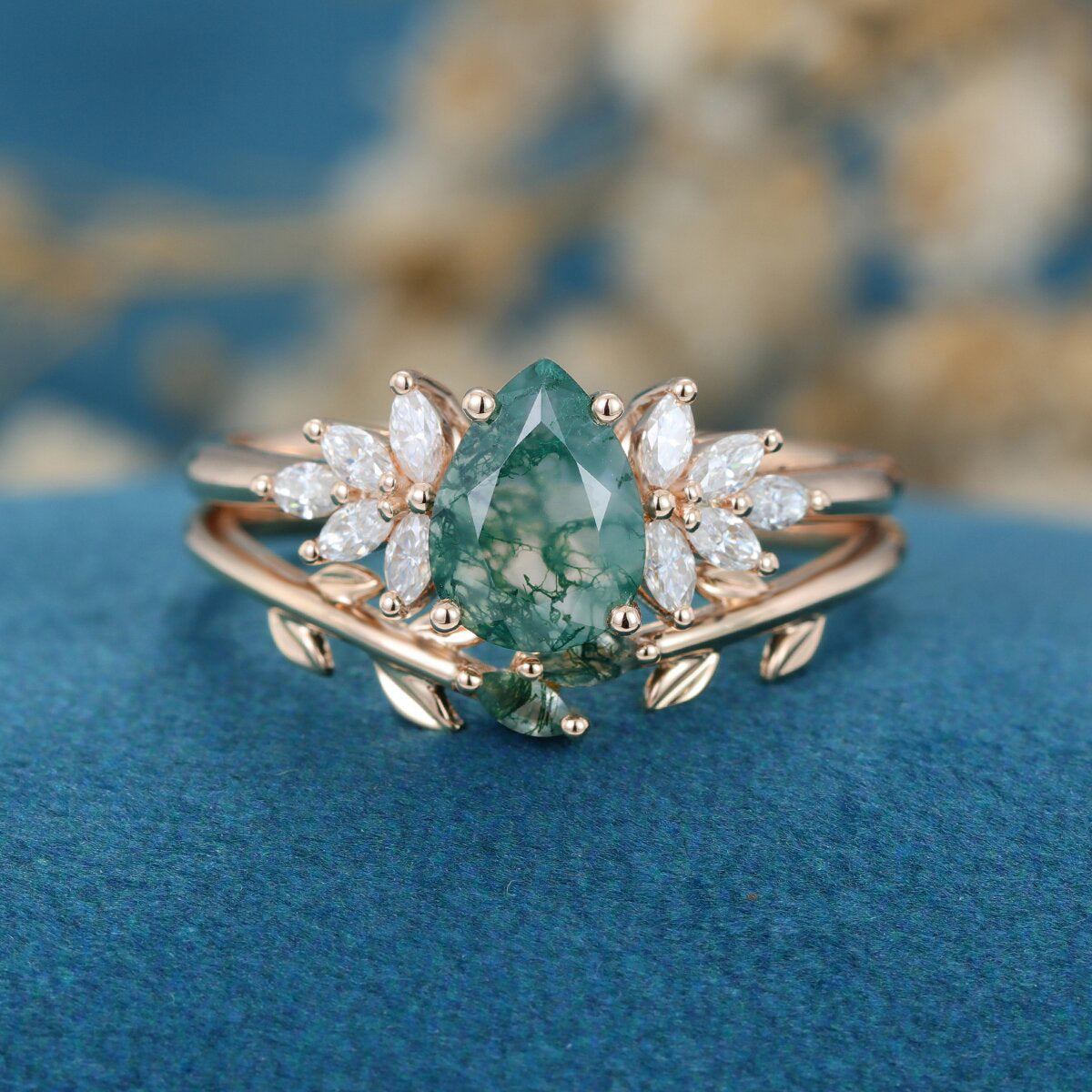 Nature Inspired Pear cut Moss Agate Leaf Gold Wedding bridal set
