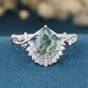 Nature Inspired Pear cut Moss Agate Leaf Gold Engagement Ring