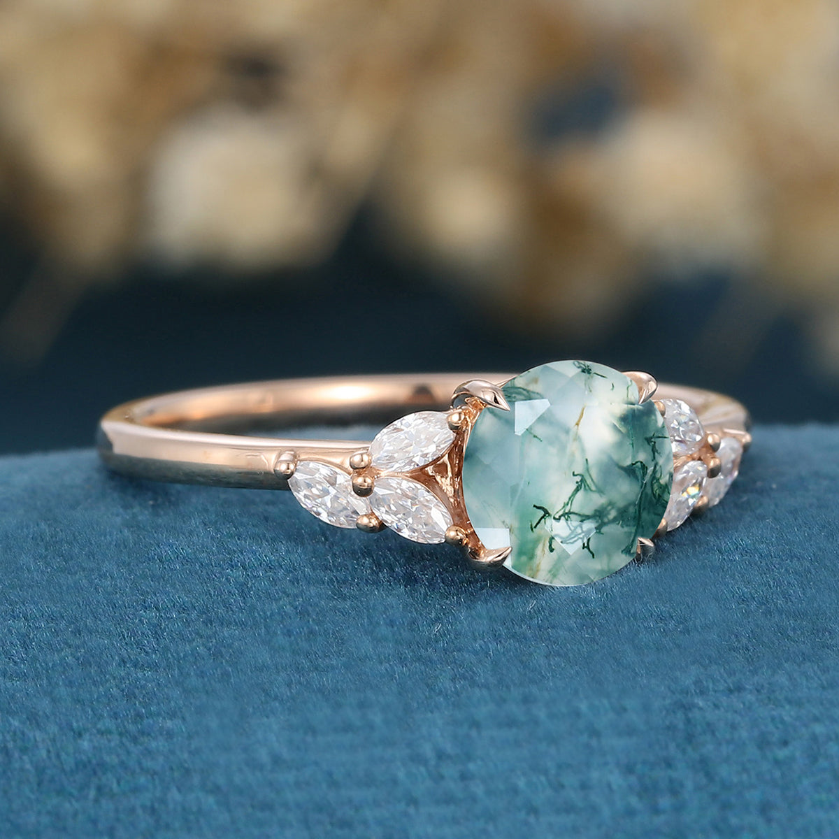 Round cut Moss Agate Matching Mossanite | Diamonds Gold Engagement Ring