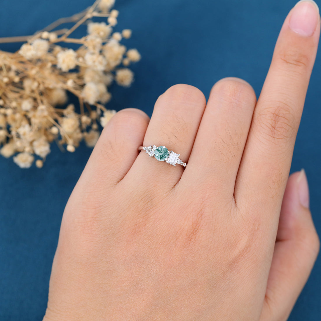 Round cut Moss Agate Matching Mossanite | Diamonds Gold Engagement Ring