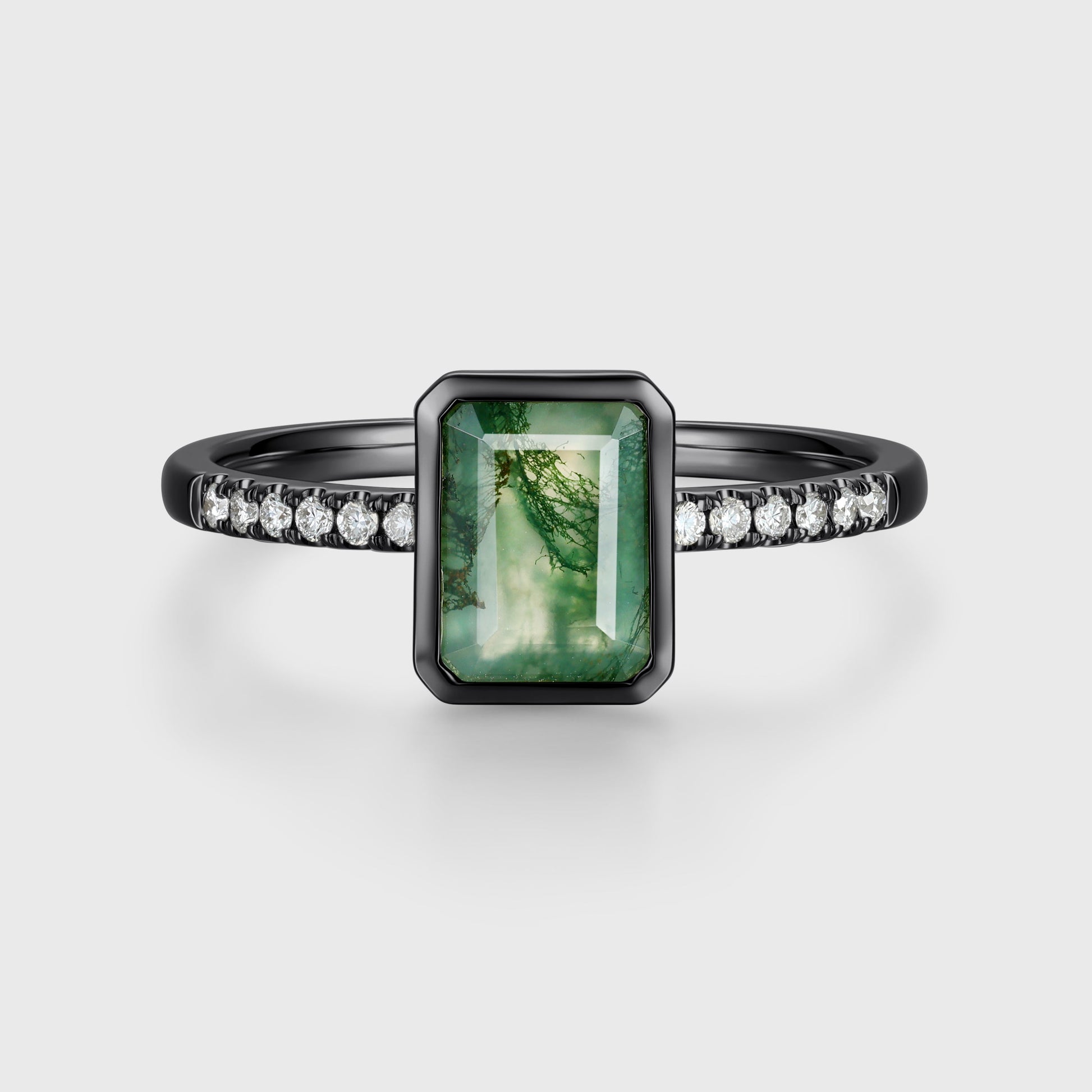 Bezel setting Emerald cut Moss Agate Half Eternity  Moissanite | Diamond Gold Engagement Ring