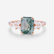 Natural Green Moss Agate Emerald cut cluster Engagement Ring