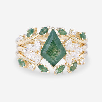 Nature Inspired Oval cut Moss Agate Leaf Gold Ring set (Copy)