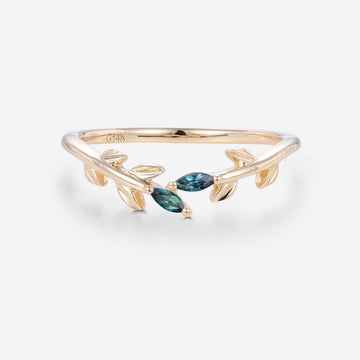 Marquise cut Blue Green Sapphire leaf Curved Wedding Band Ring