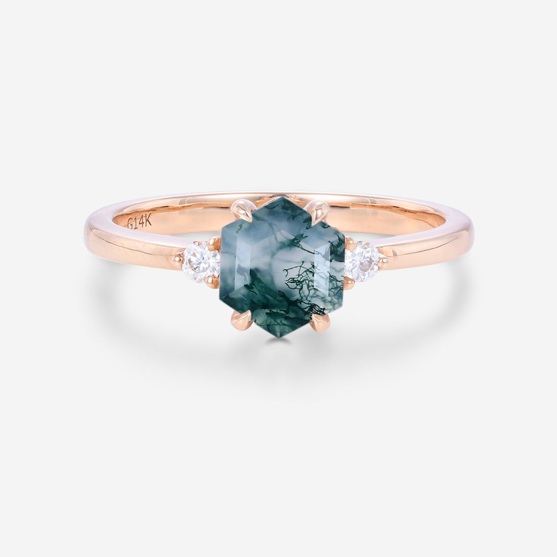 Hexagon Cut Natural Green Moss Agate Cluster Engagement Ring