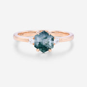 Hexagon Cut Natural Green Moss Agate Cluster Engagement Ring