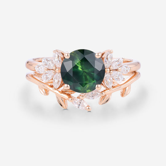 Round cut Blue green sapphire Engagement ring Bridal Set