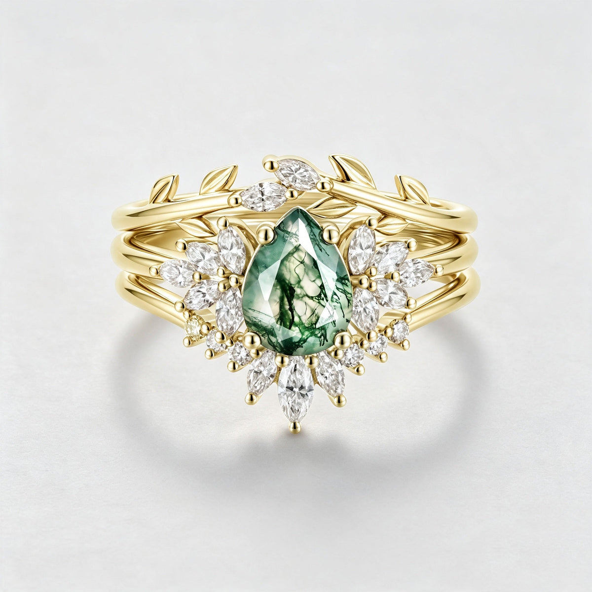 Natural Green Moss Agate 3PCS Pear Cluster Engagement ring Bridal Sets