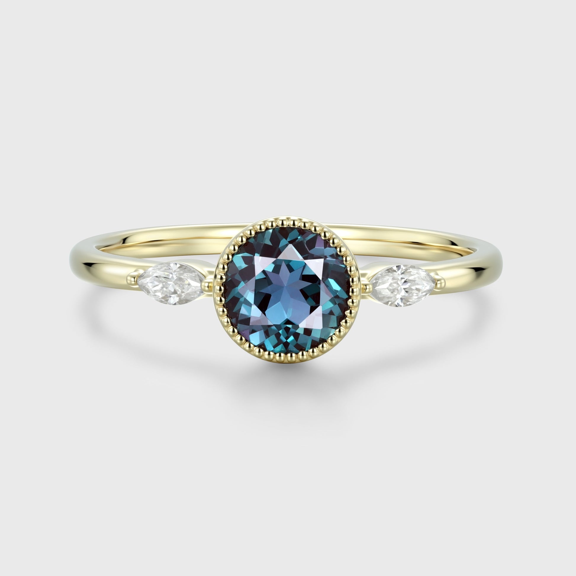 Bezel setting Round cut Lab Alexandrite Gold Engagement Ring