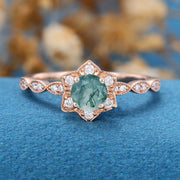 Round Cut Natural Green Moss Agate Flower Engagement Ring