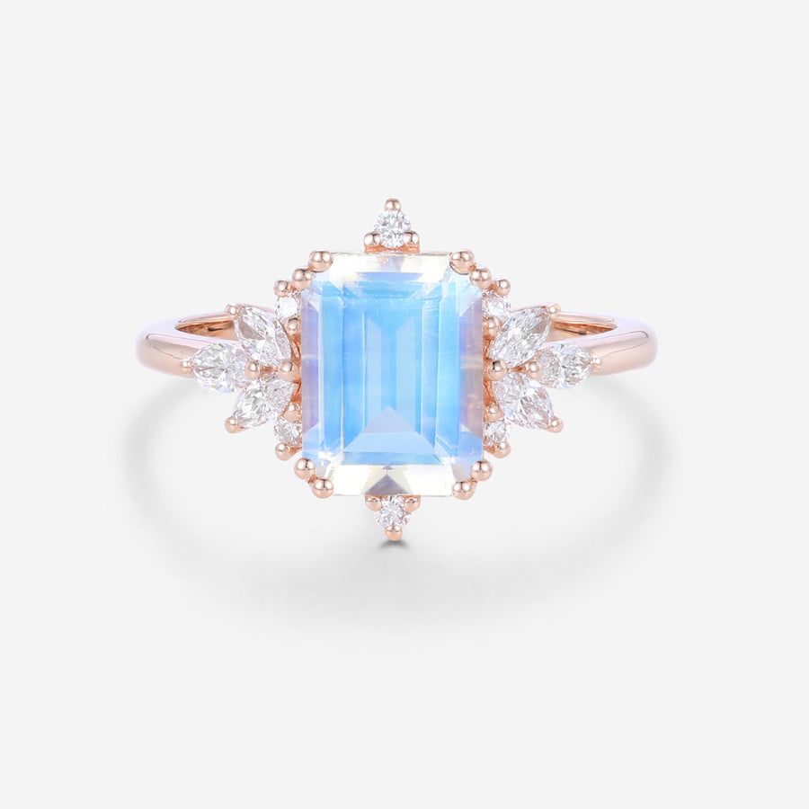 Emerald cut Moonstone Cluster Engagement ring
