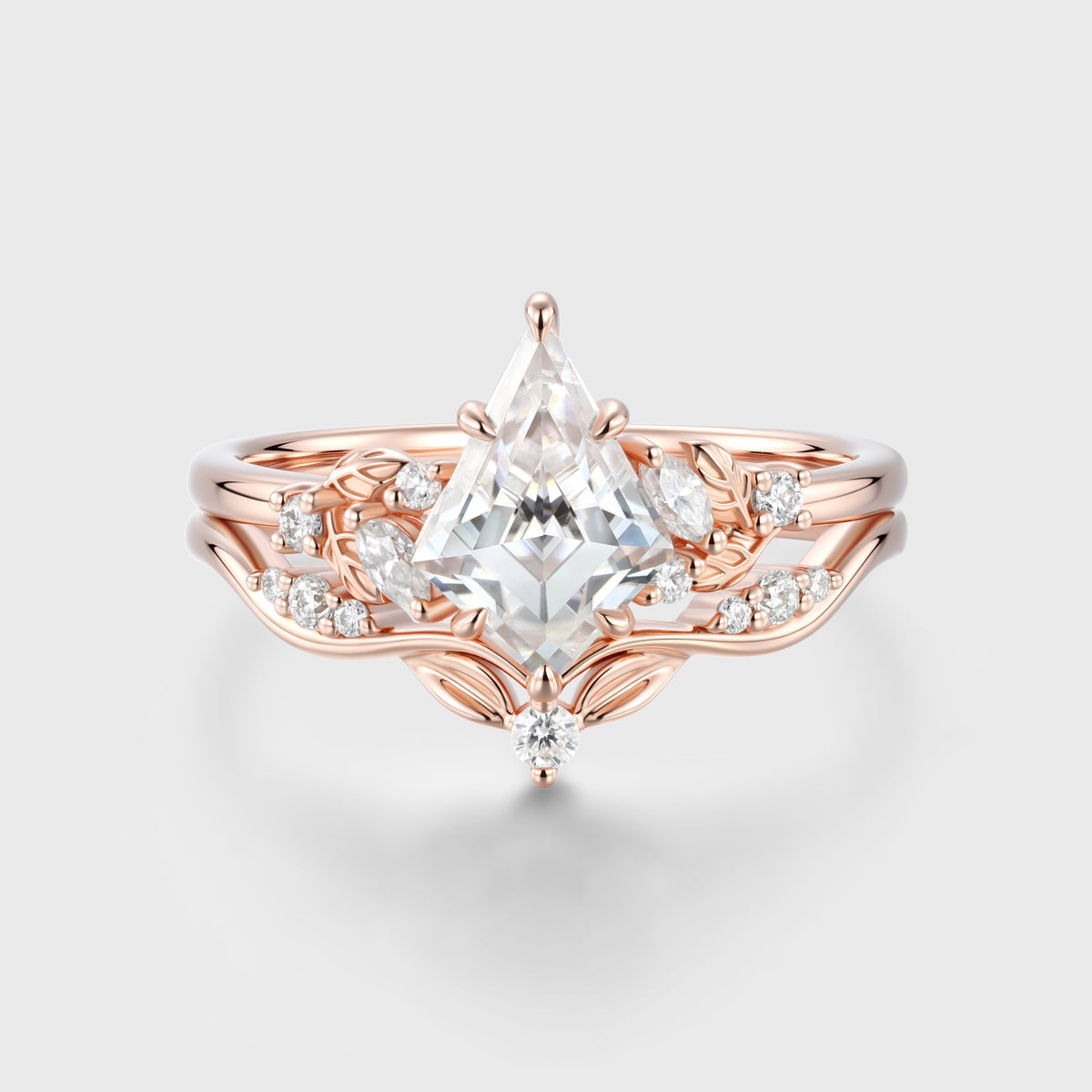 Kite cut Moissanite Leaf Vine Split Shank Bridal Set