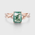 Nature Inspired Emerald cut Moss Agate Leaf Gold Engagement Ring