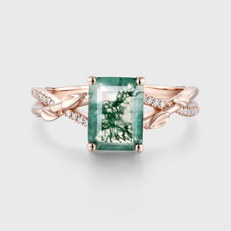 Nature Inspired Emerald cut Moss Agate Leaf Gold Engagement Ring