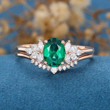 Oval cut Lab Emerald Cluster Bridal Set